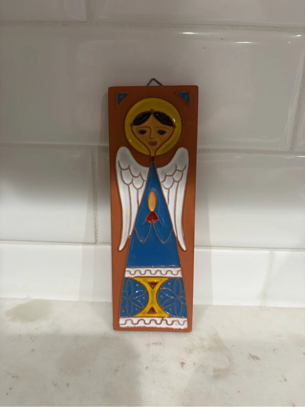 Hand-Painted Terracotta Angel Wall Plaque in Blue, White & Yellow Italy - Picture 1 of 7